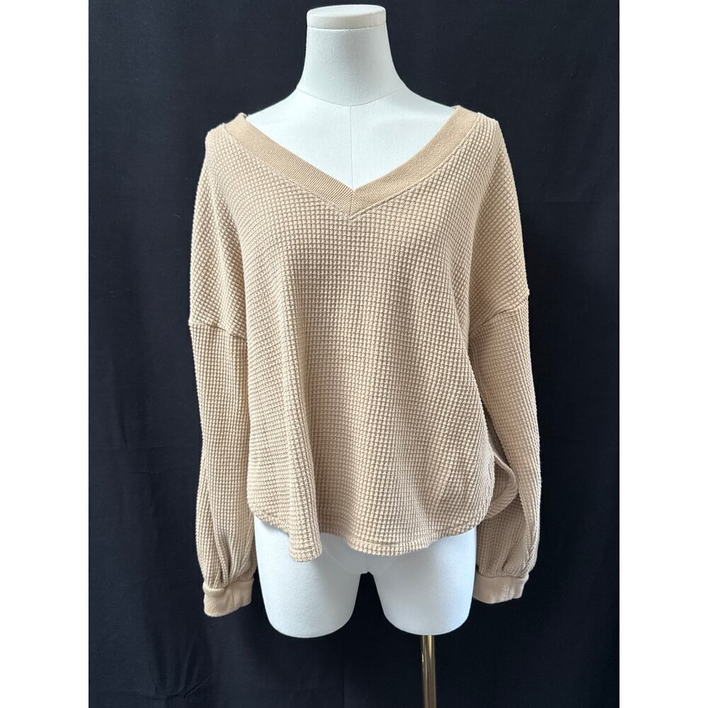 Women’s Madewell Beige V-neck Waffle Patterned Long Sleeve Sz M